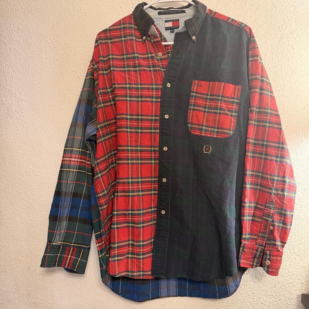 Men’s Tommy Hilfiger Vintage Plaid Green Red Button Down Size M Dress Shirt 90s